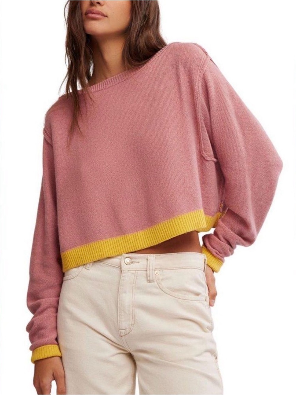 Free People Cropped Dusty Pink Sweater with Yellow Trim